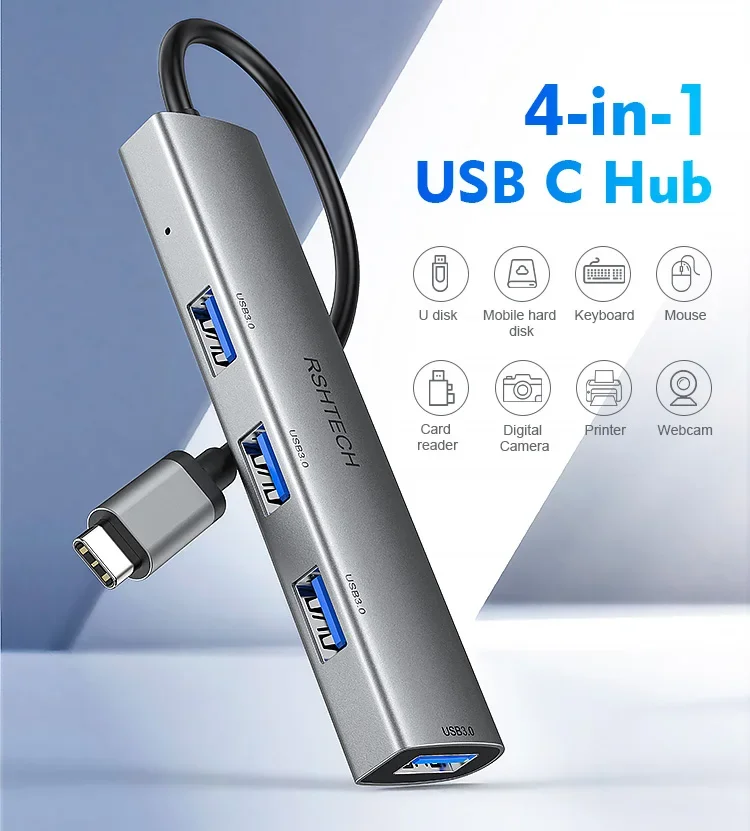 RSHTECH USB Hub 4-in-1 USB3.0 Data Hub 5Gbps Data Transfer Docking Stations Aluminium USB C Splitter for Type C Laptops MacBook Flash Drive