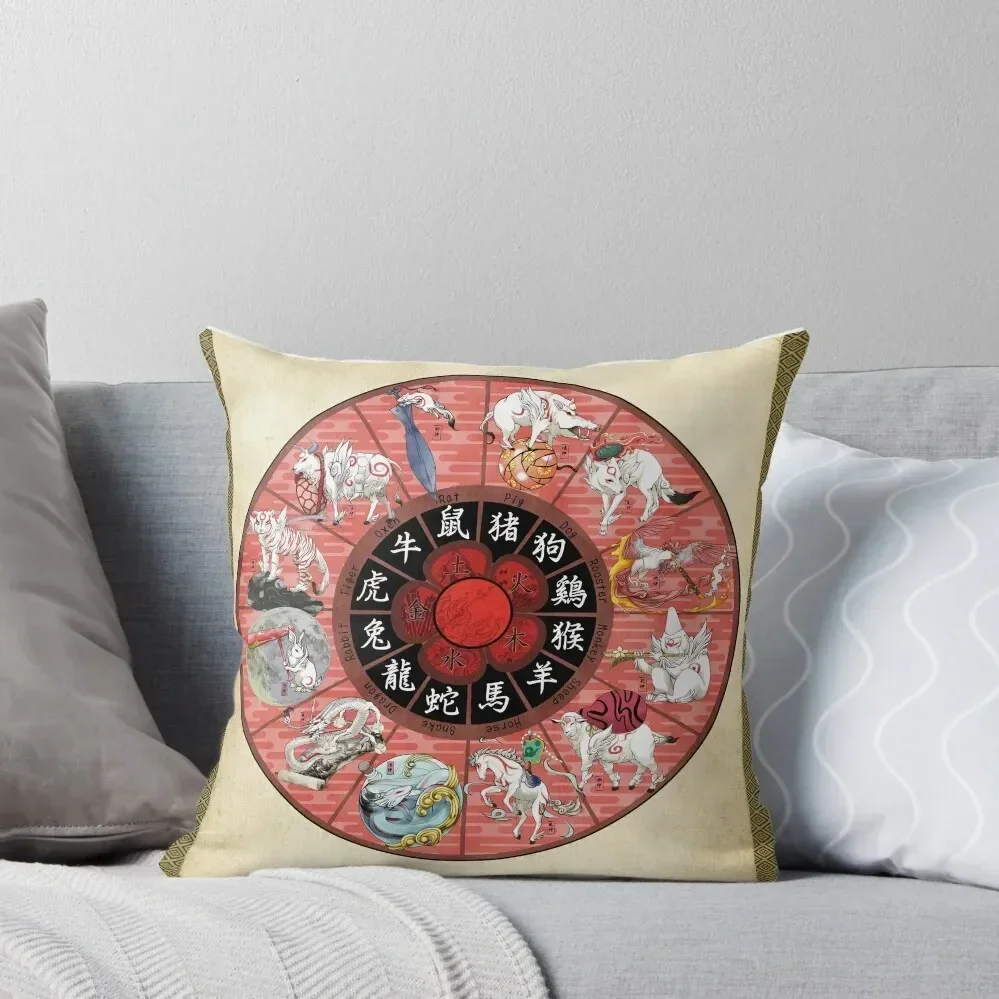 Okami Zodiac Wheel Throw Pillow pillow pillowcase Pillows Aesthetic home decor items Decorative Sofa Cushion pillow