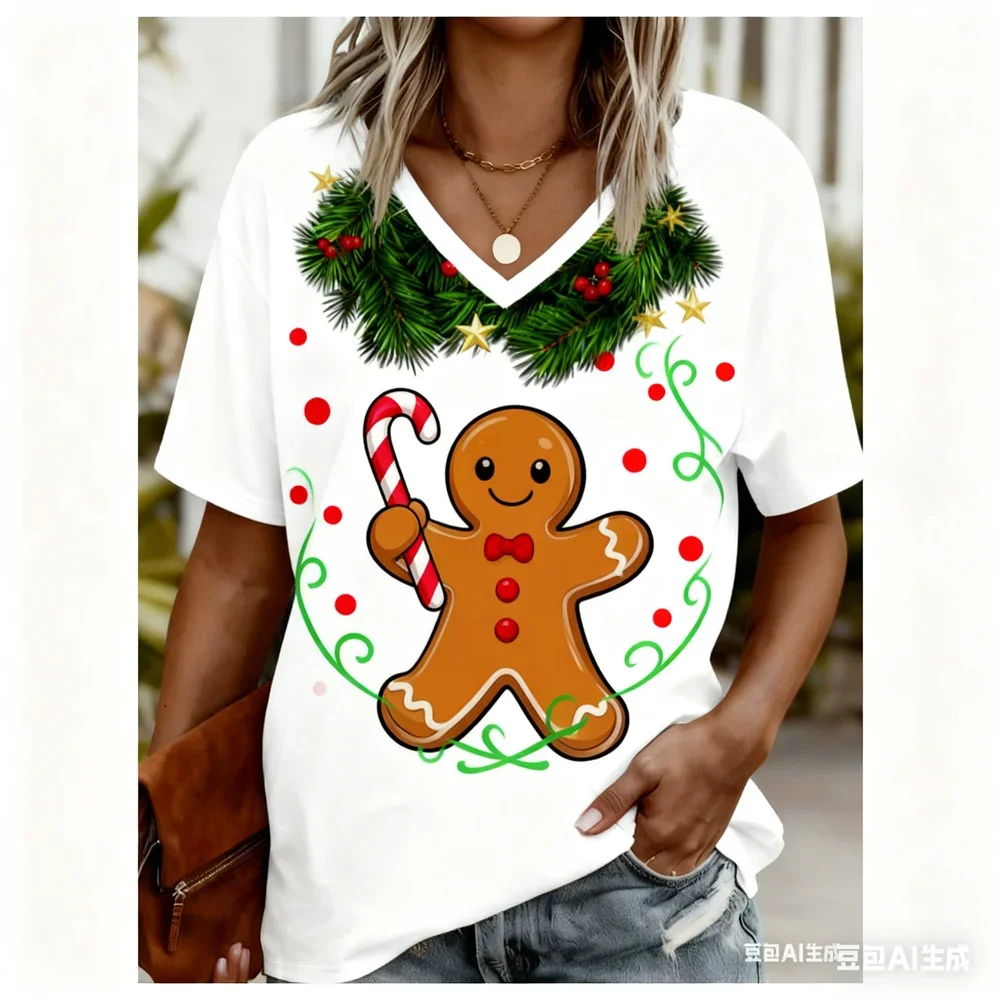 Fashionable women's printed V-neck T-shirt Christmas picture casual loose and comfortable women's short sleeved shirt