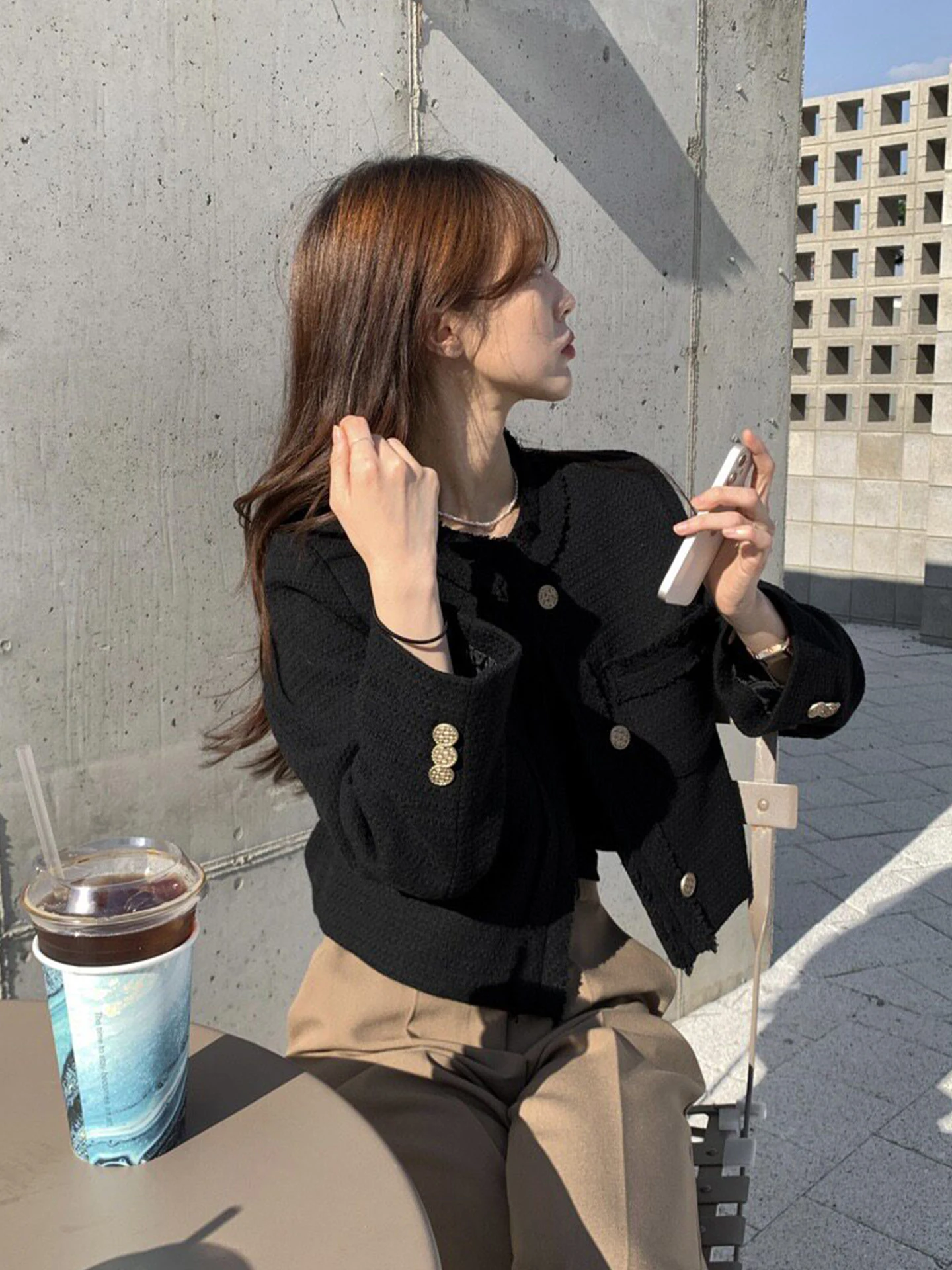Korean Style Short Coat Women's Long Sleeve Tweed  Autumn High Fashion Small Size Top Luxury Feel Light Luxury Style