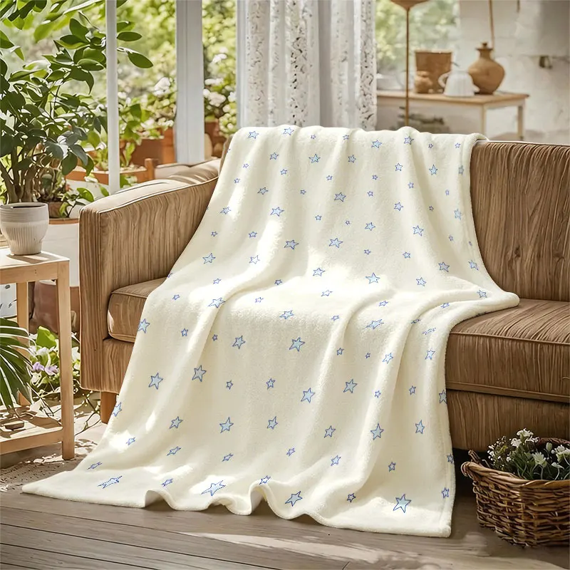 Blue Stars Cream Flannel Blanket Perfect for Sofa Office Bed Travel Sleep Read Relax Camping Four Season Use