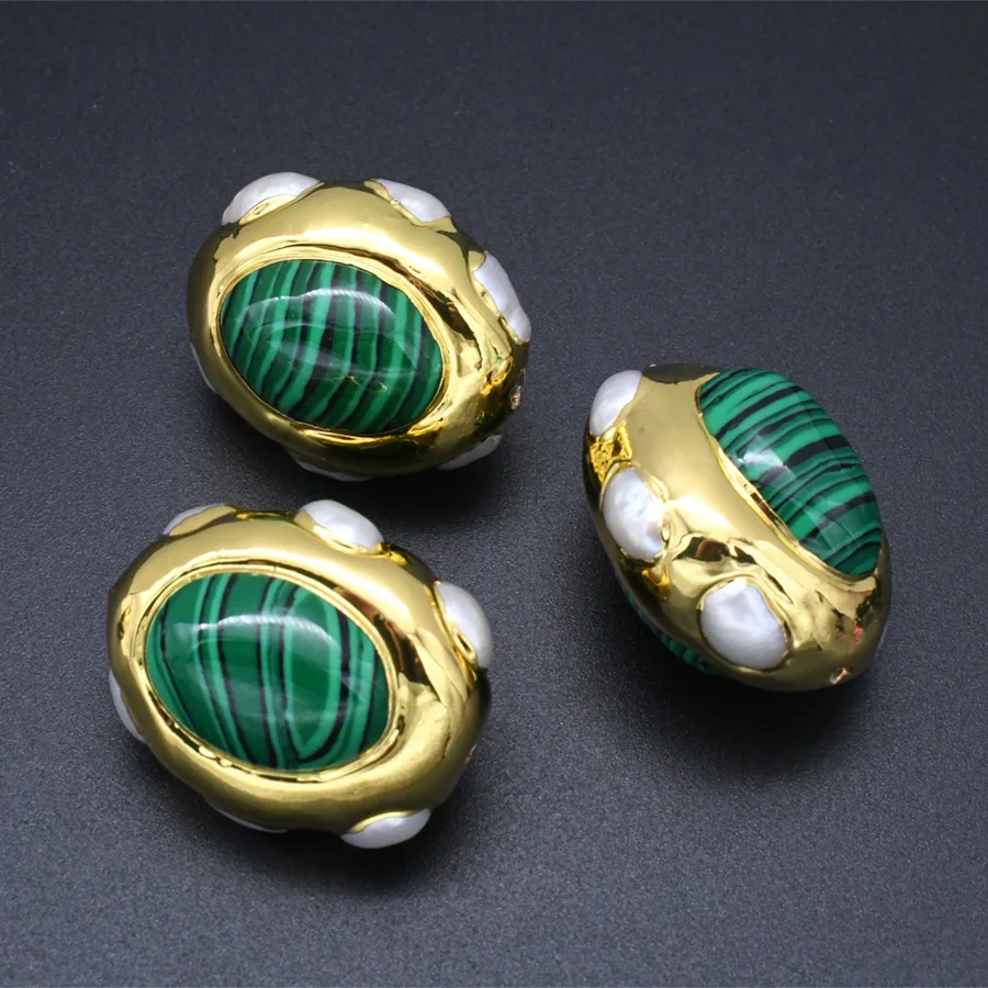 18k Gold Plating Clay Loose Beads Supplier Natural Malachite Freshwater Pearl Oval Shape DIY Beads For Women Jewelry