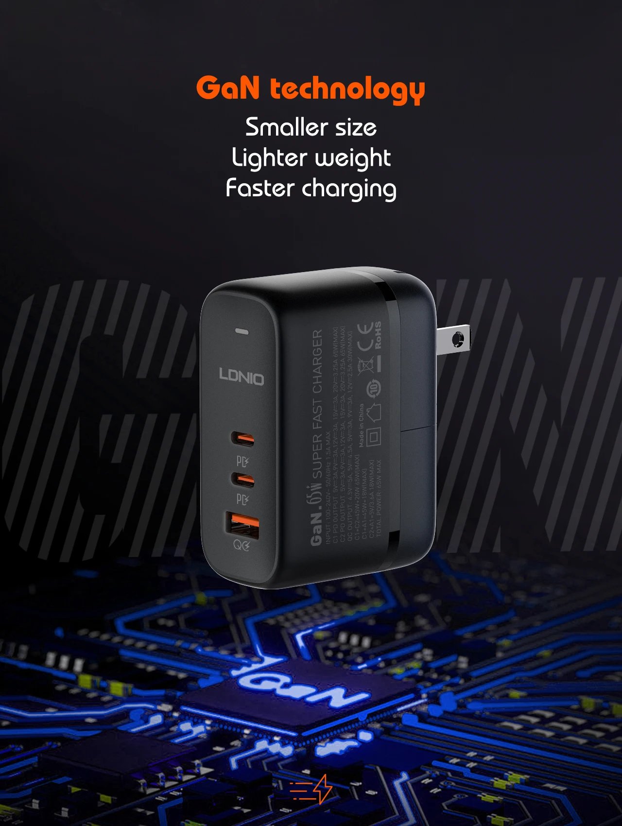 LDNIO GaN 65 W USB C Ladegerät Reiseladegerät PD QC Wandladegerät 3 Port Internationaler Steckeradapter EU UK US AU Reisesteckeradapter – Detail 3