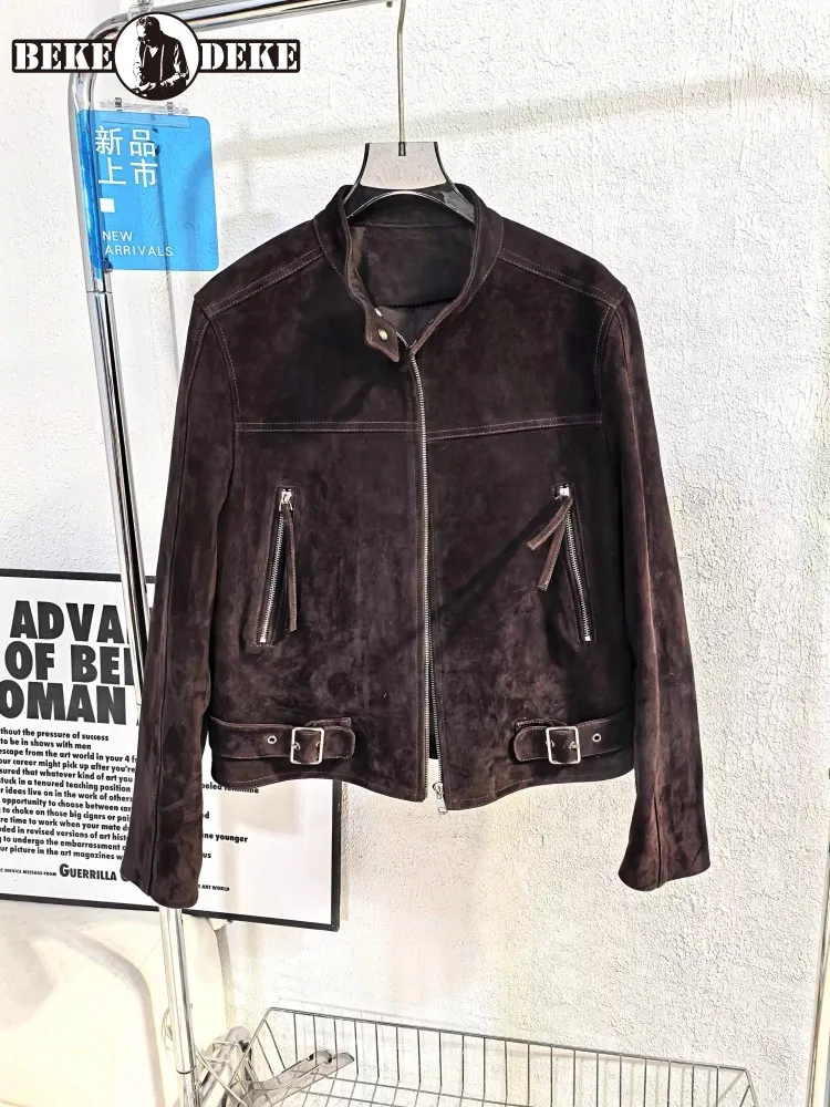 Streetwear Women Vintage Sheepskin Suede Motorcycle Jacket Stand Collar Genuine Leather Short Coat Zipper New Casual Outerwear