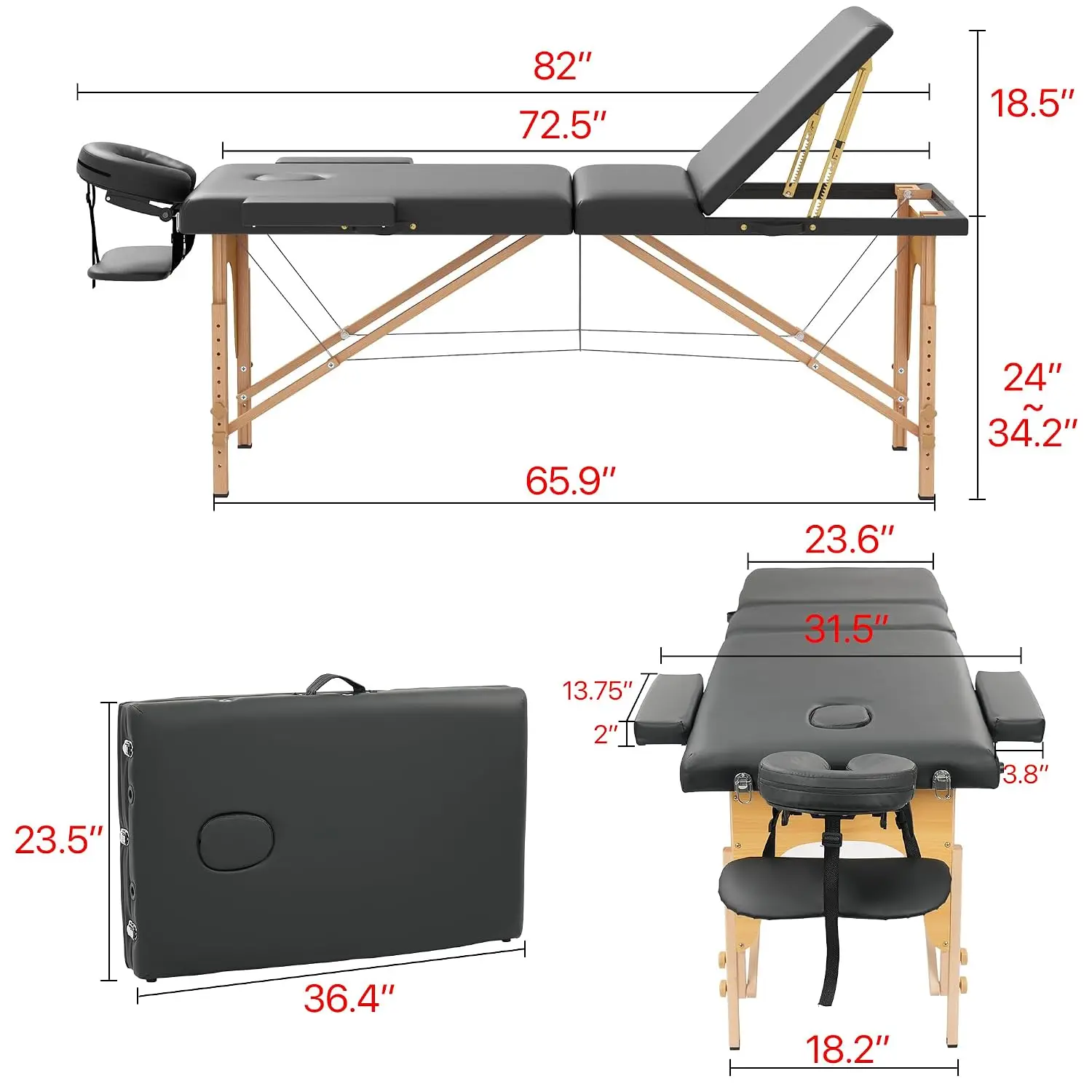 Portable 3-Section Foldable Massage Bed, Height Adjustable Spa Table with Face Cradle, Lightweight Wood Frame, Black, Customized