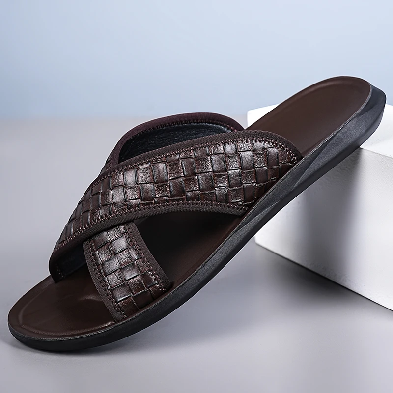 Men's Summer Cross-Braided Slip-On Sandals Anti-Slip Soft Sole Breathable Casual Outdoor Wear Resistant Flat Sandals-2551