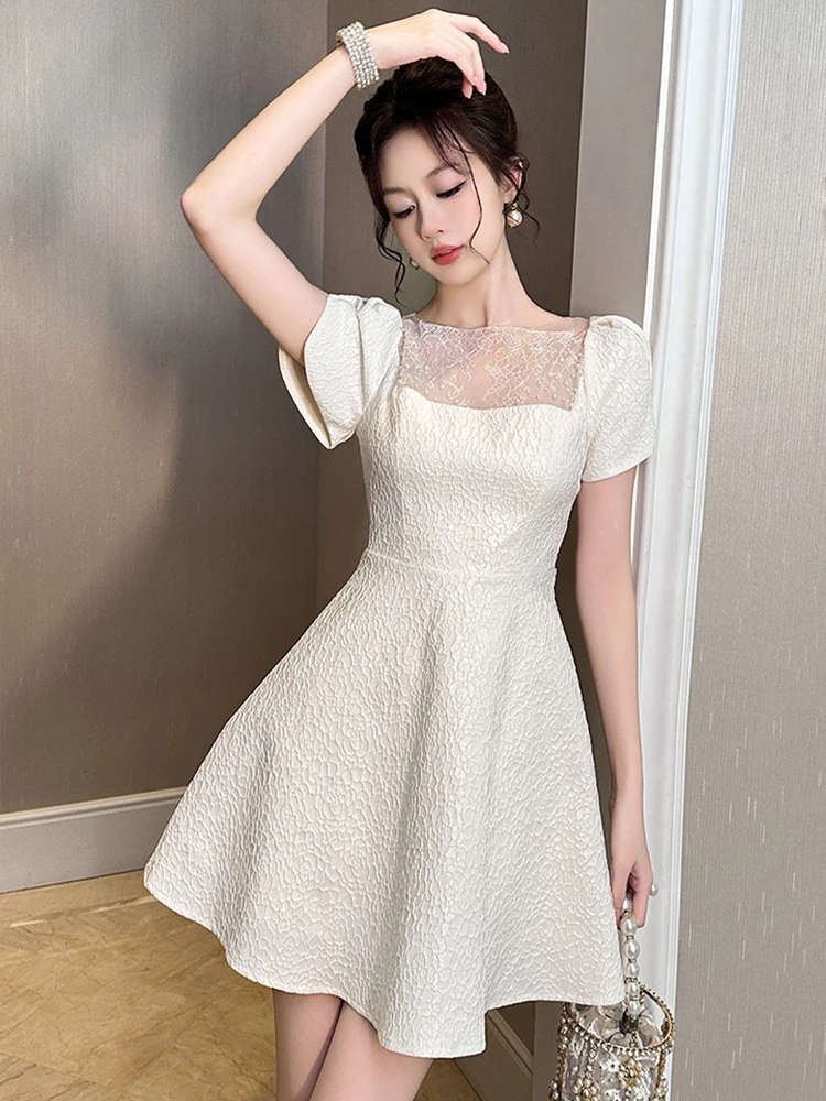 Elegante abito da festa di compleanno Kawaii Prospettiva carina da donna Maglia trasparente Splice Altalena Abito corto Donna Prom Data Abiti da strada