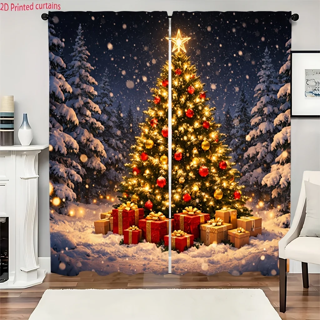Winter Pine Tree Gift Snow Scene Rod Pocket Light Filtering Curtains 2 Panel Artistic Drapes for Living Room Bedroom Decor