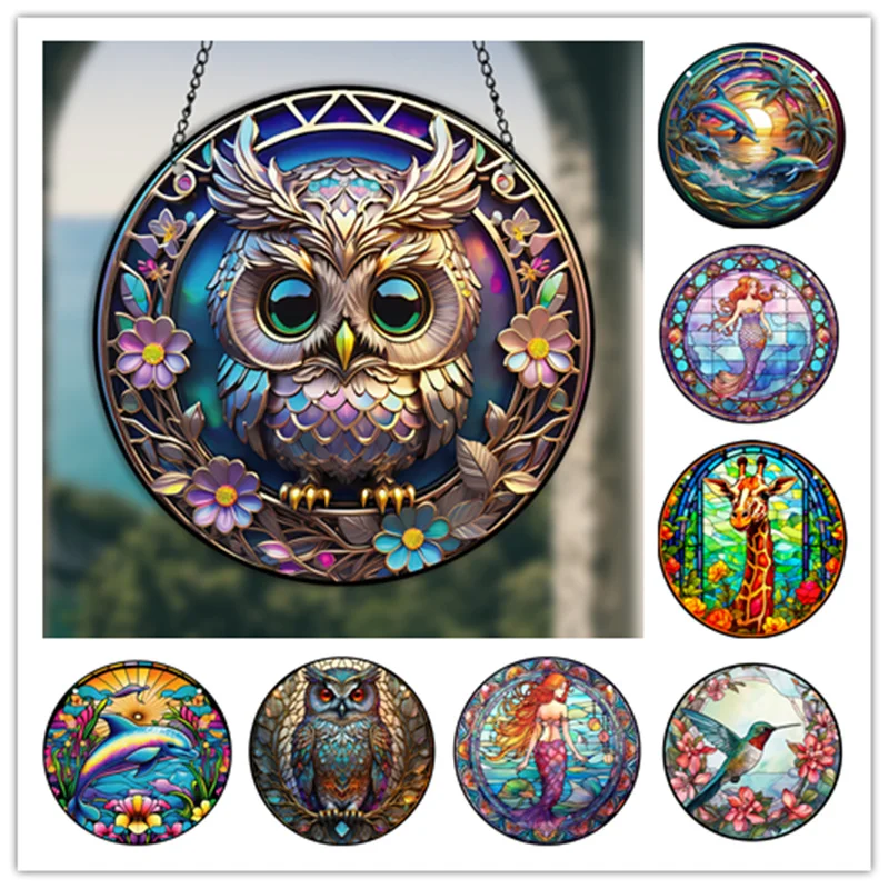 Stained Owl Acrylic Plaque Round HD Animal Pattern Zoo Signs Kid's Bedroom Wall Decor Hanging Painting Home Window Suncatcher