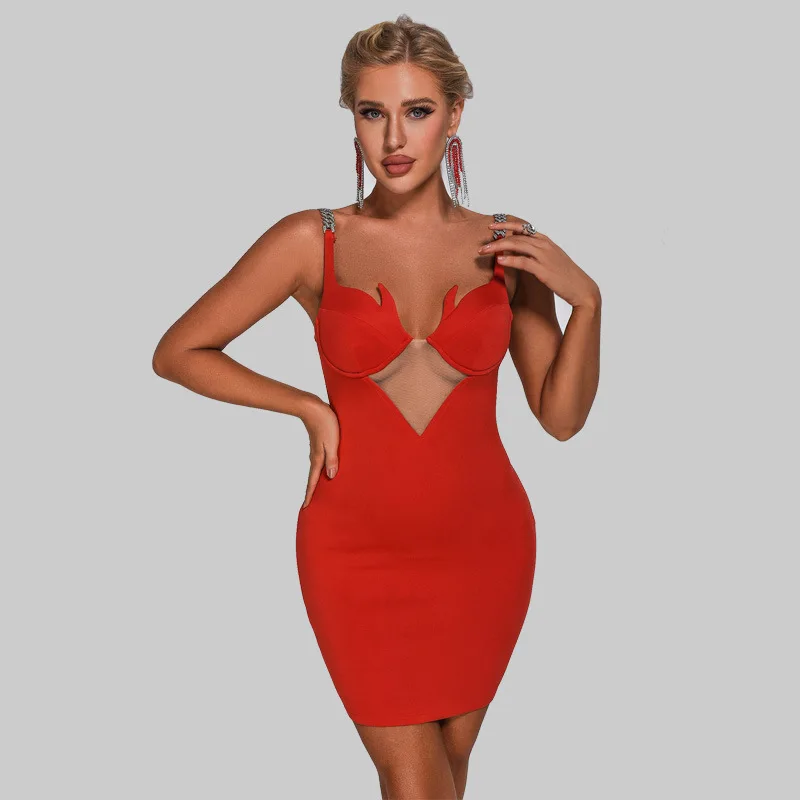 

Red Hip-Wrapped Skirt European and American Women's Chain Strap Horn Chest Cup Hollow Hip-Wrapped Dress for Women