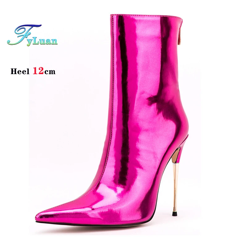 

Mirror Patent Leather Women Short Boots 12CM Stiletto Ankle Boots Fashion Pointed Elegant Woman Shoes Model Catwalk High Heels