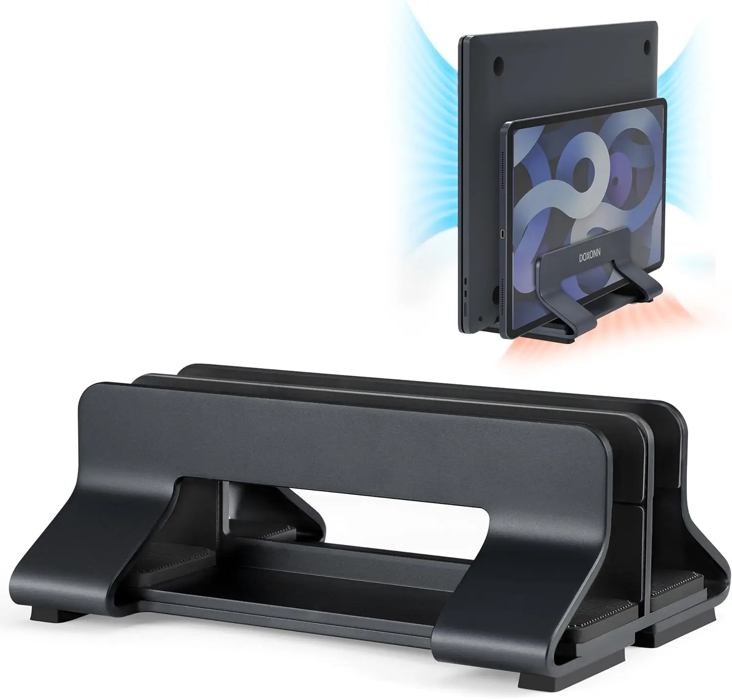 

Aluminum Dual Vertical Laptop Stand Dock Holder, Supports 2 Devices, Adjustable Slot Width 15-36mm, Space-Saving Upright Stor
