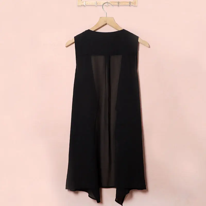 Chiffon Vests Women Holiday Street Solid Black Sweet Thin Summer All-match Fairy Outerwear Sexy Long Draped Open Stitch Vintage