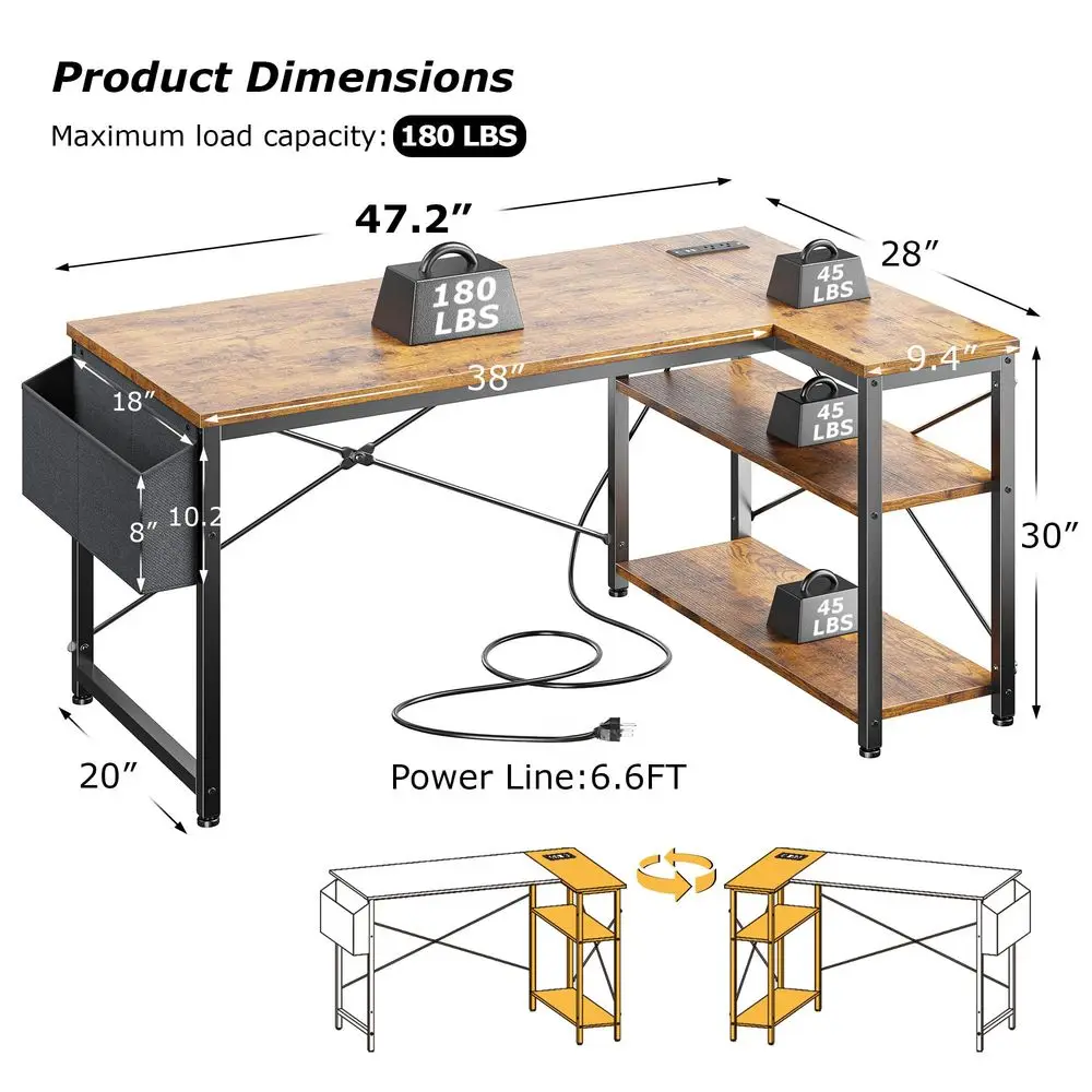 

48-дюймовый небольшой L-образный компьютерный стол с розетками, офисный стол с переставными полками и боковым отсеком для хранения для угловых помещений