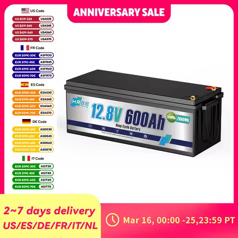 HRBEenergy 12V 600Ah LiFePO4 Battery Built-in BMS Low-Temperature Protection for Off-grid,RV,Solar system,Camper,Travel Traile