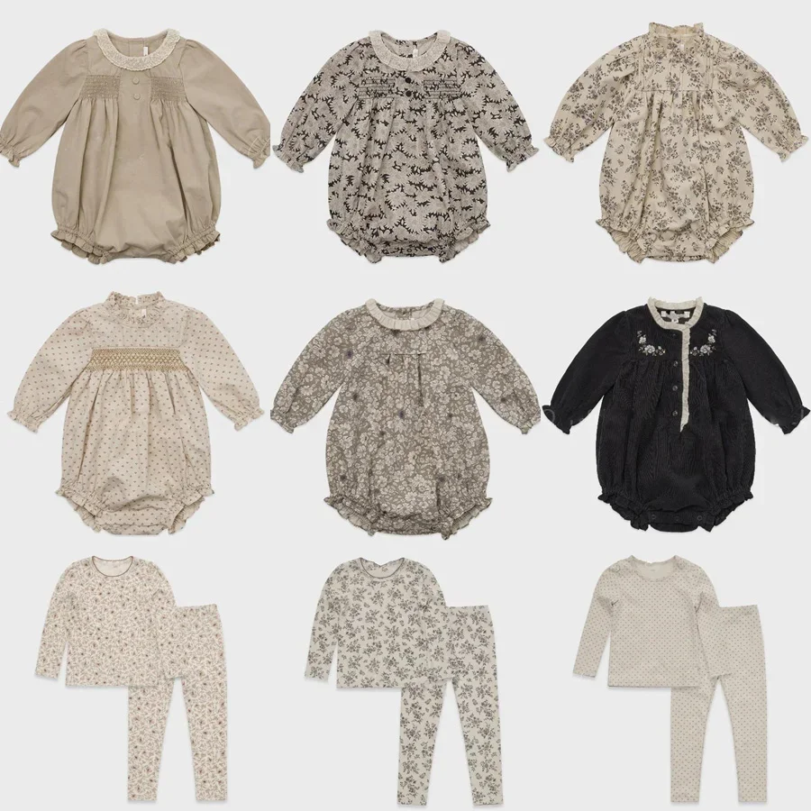 

2025 autumn and winter new baby climbing clothes cute girls boys flowers full print Ha clothes