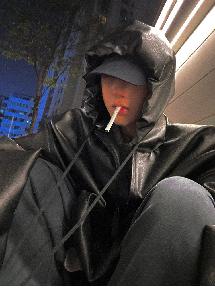 Frühling Herbst Kurze Übergroße Schwarze Weiche PU-Lederjacke für Männer mit Kapuze Reißverschluss Locker Lässig Koreanische Modekleidung – Detail 14