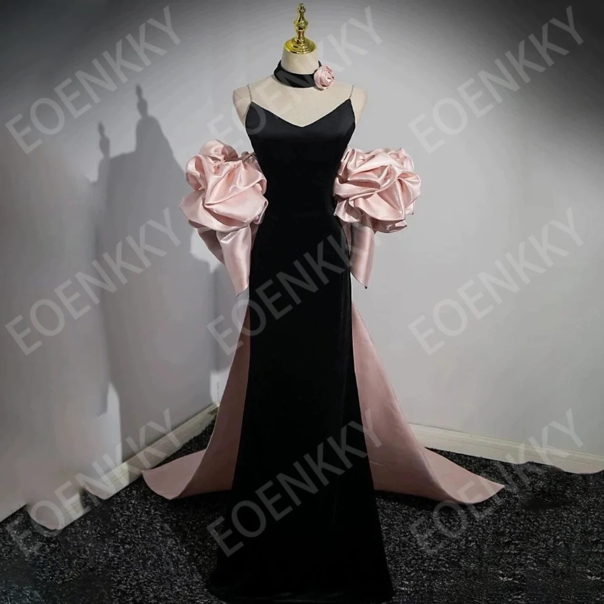 

EOENKKY Mermaid Spaghetti Strap Prom Dress Black Satin V Neck Off Shoulder Party Dresses Detachable Train Customized Woman 2026