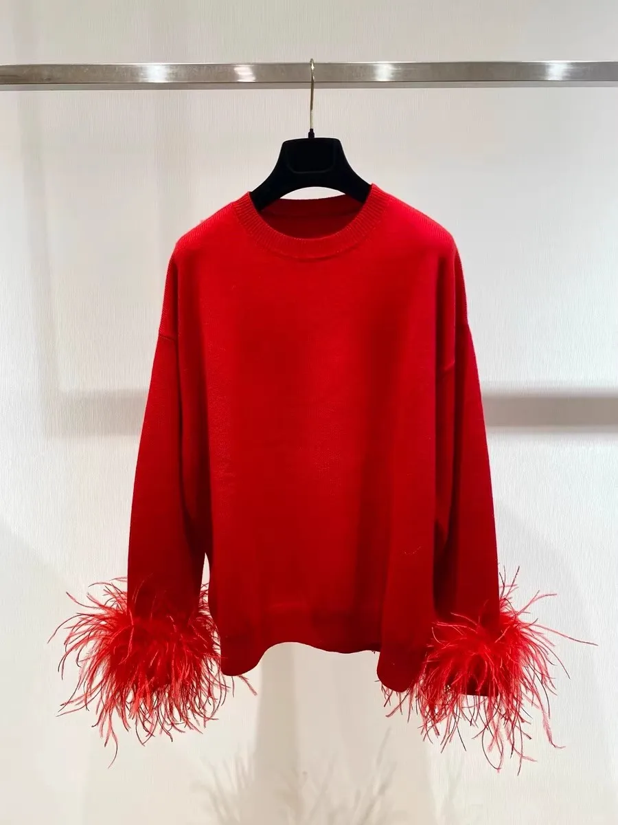 

High Quality Women Knitted Wool Sweater Long Sleeve Fashion Feather Loose Red Pullover New Year Wear