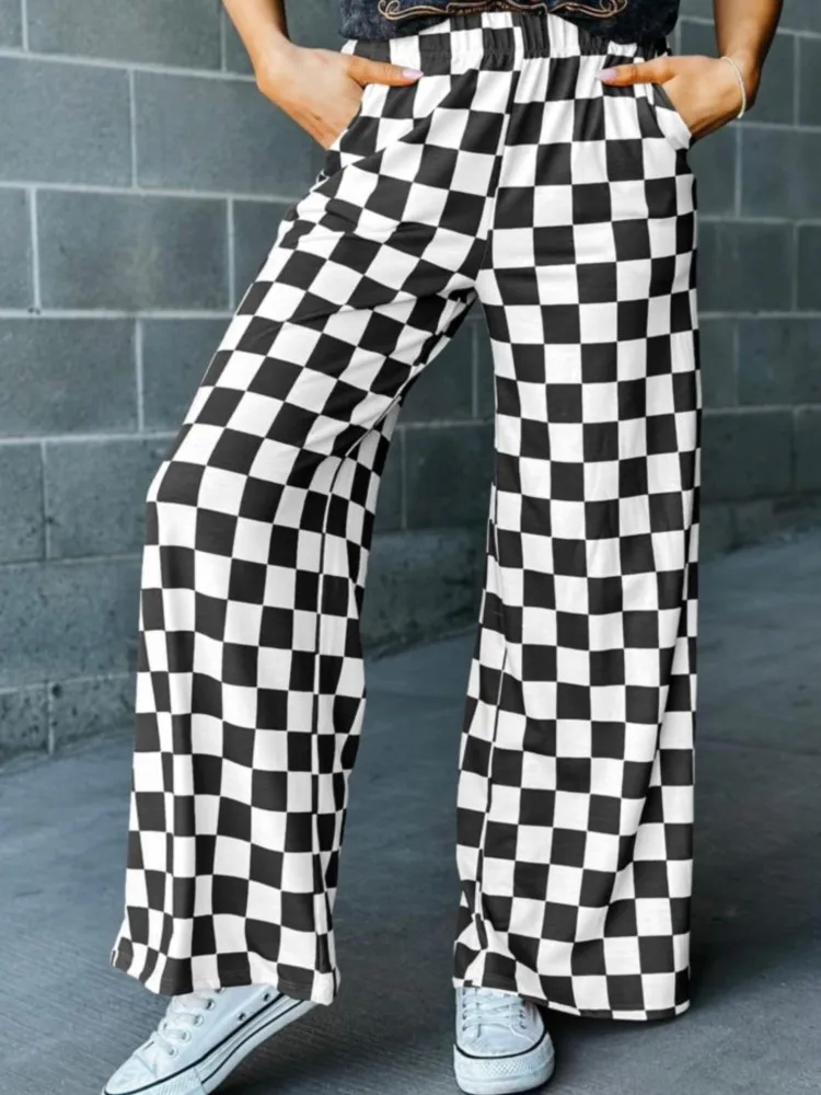 

Женские повседневные брюки в клетку с эластичной резинкой на талии, свободные широкие брюки с карманами, новые осенние модные элегантные повседневные длинные брюки