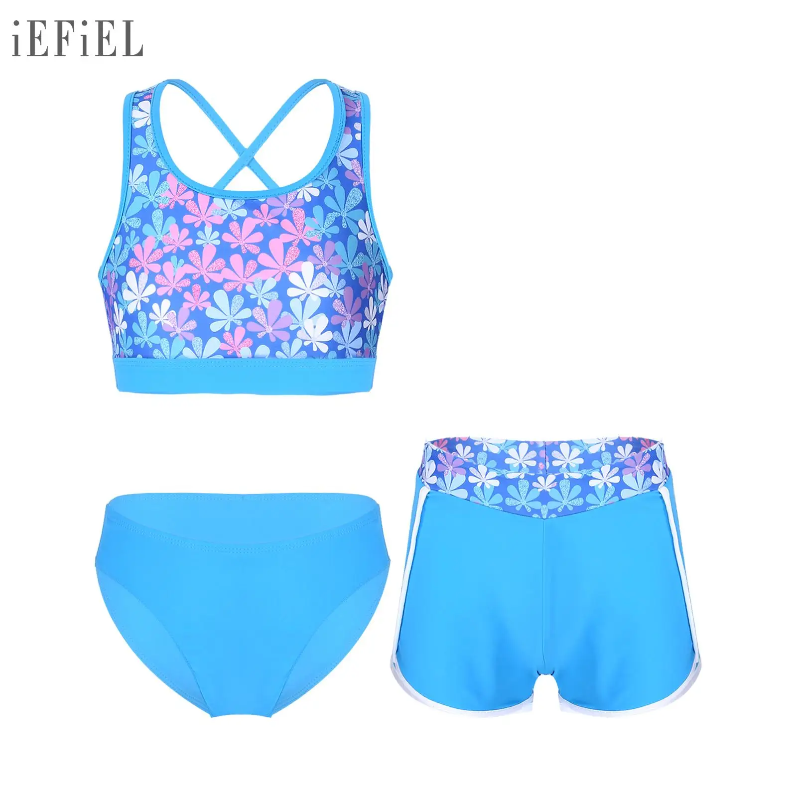 

Kids Girls 3PCS Bikini Swimsuit Floral Printed Swimwear Beachwear Outfits Bathing Suits Rash Guard for Swimming Summer Holiday