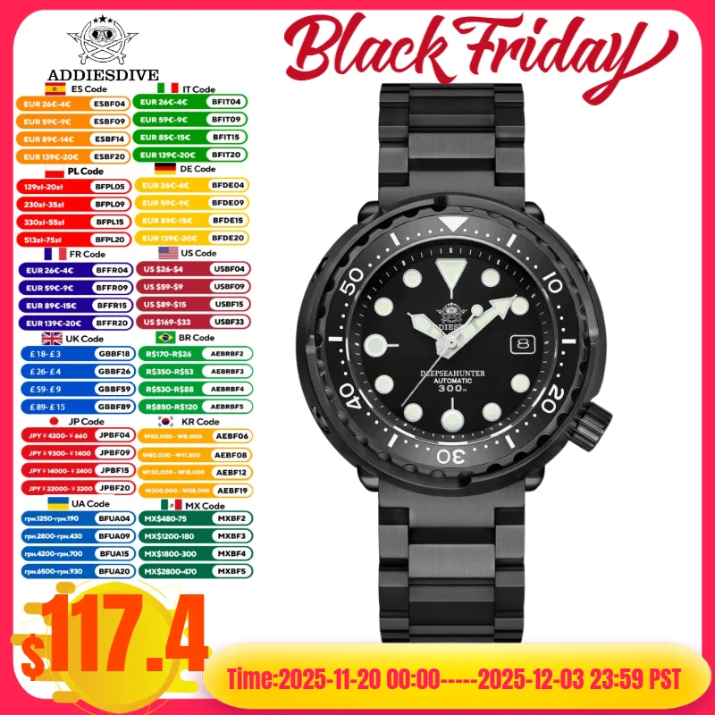 ADDIESDIVE Men's Diver Watch Black Tuna Case Sapphire Ceramic Bezel 300m Water Resistance NH35A Luminous Dial Automatic Watches