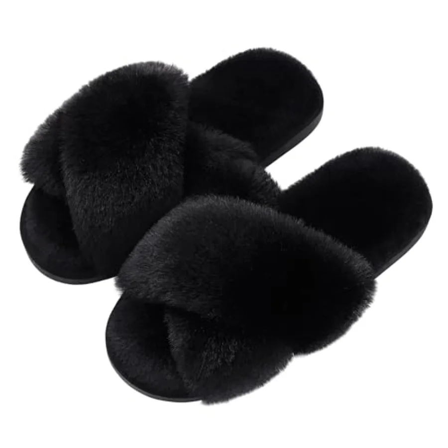 Evshine Memory Foam Fuzzy House Slippers for Women Faux Fur Cross Band Open Toe Indoor Slippers, Gifts for Women, Moms and Brid