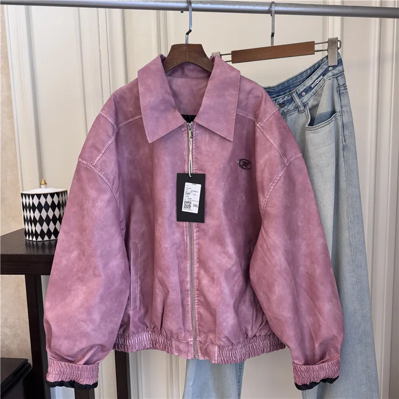 

Pink Matte Autumn Fashion Ladies' Coat Lapel Soild Color Zipper Design Top Loose All Match Tight Cuff Design Jacket