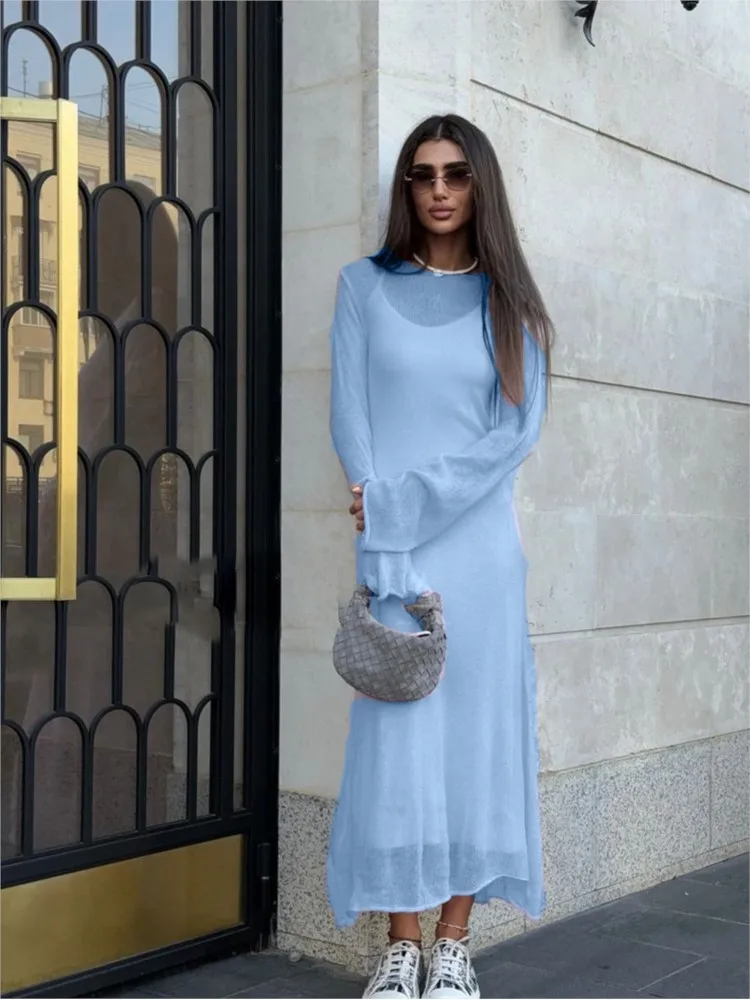Elegant Solid-color Halter Dress Two-piece Set Spring Autumn Ladies Fashion See-through Cut-out Long Dress Female Slim Vestidos