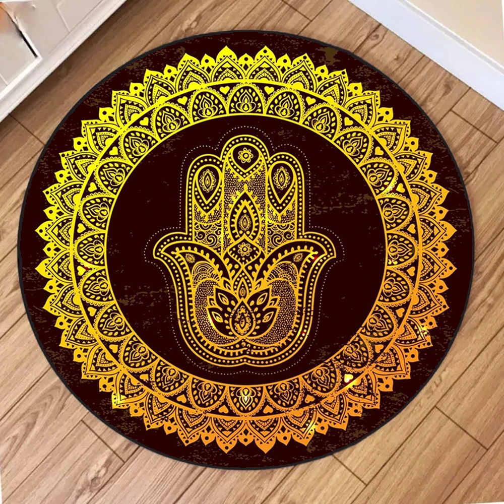 Exquisite Anti Slip Floor Carpet Displaying Retro Bohemian Hand Floral Print for Home Living Resting Area Decoration Round Rug
