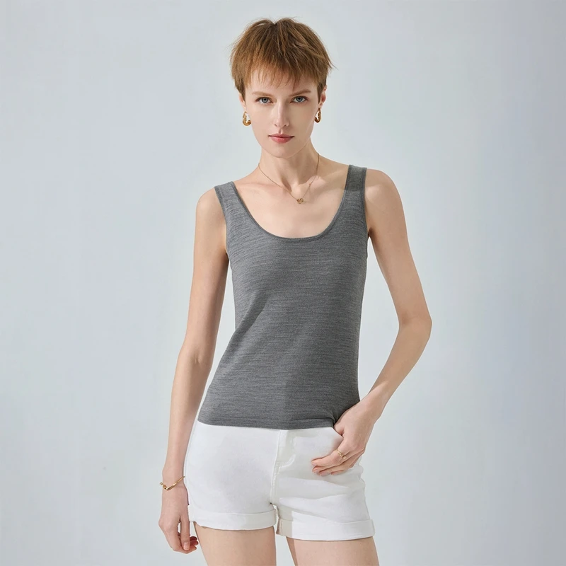 Minimalist 100% ultra-fine wool spun camisole vest for women, slim fit and slimming, U-neck knitted base sweater, inner top
