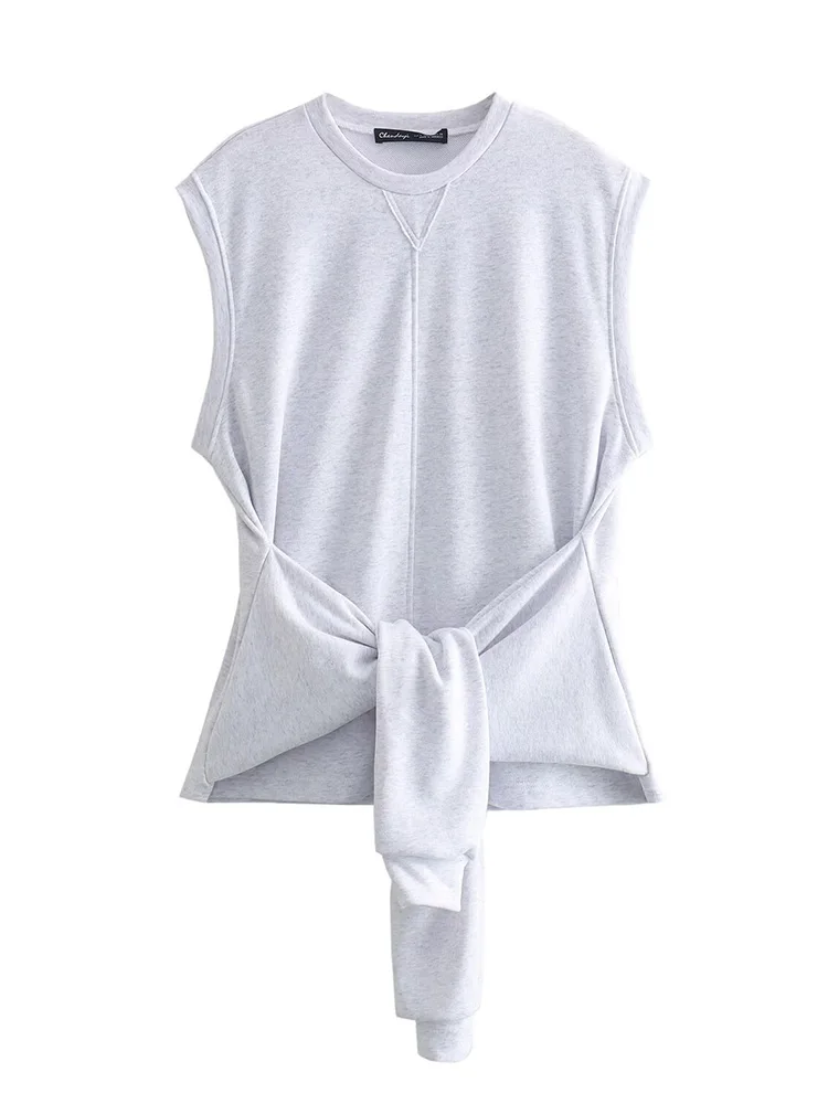 

2025 new women's clothing European and American style design fashionable and versatile tie waist T-shirt