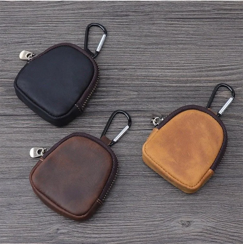Vintage Crazy Horse Genuine Leather Coin Purse Mini Round Zipper Pouch With Carabiner Hook For Earphone Key Coin Storage Bag