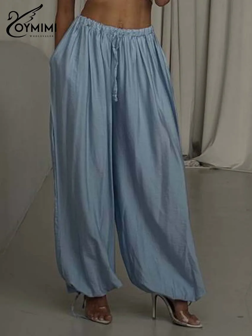 Oymimi Elegant Blue Loose Women's Pants Fashion Mid Waisted Drawstring Trousers Casual Solid Pockets Ankle-Length Pants Female
