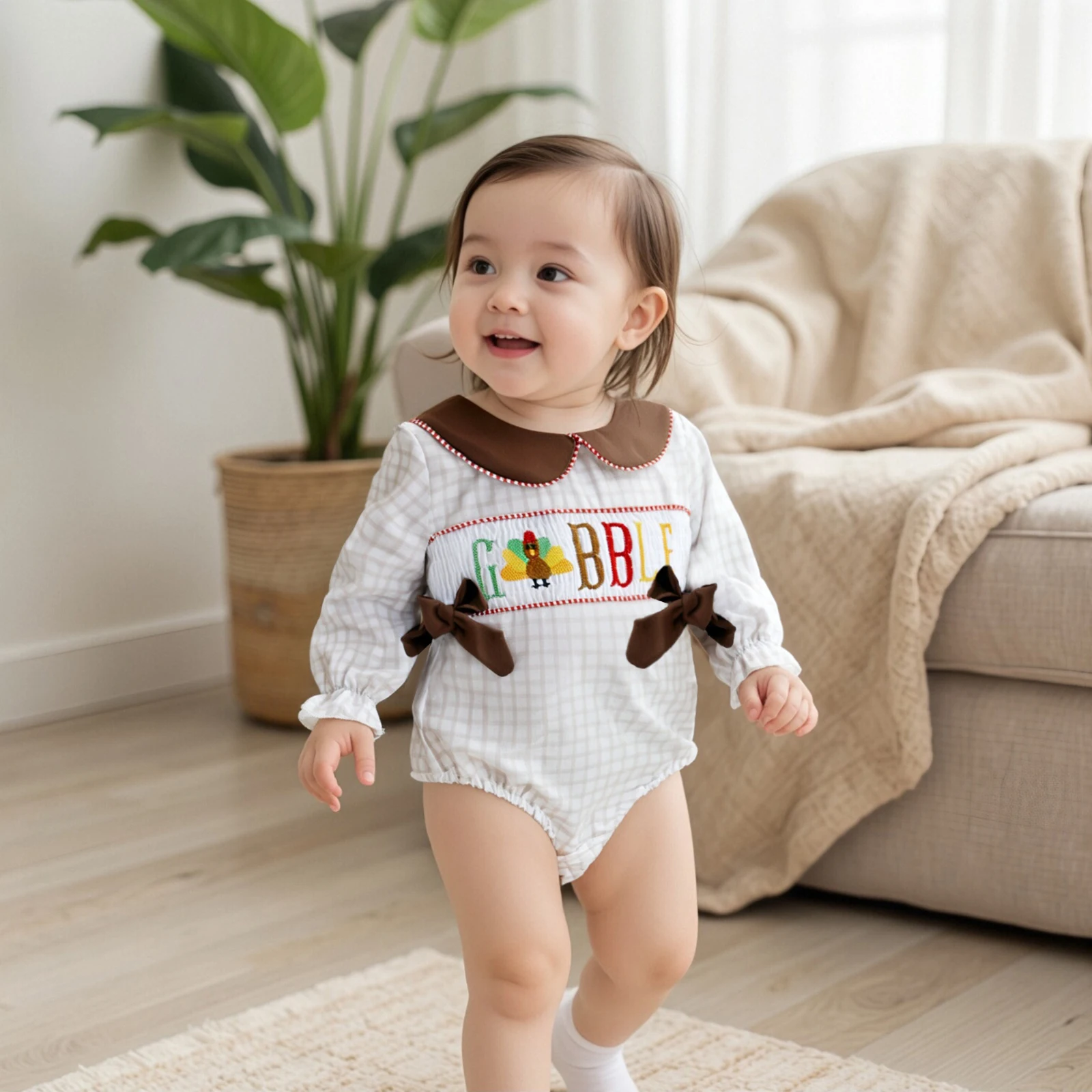 

Комбинезон на День Благодарения для маленьких девочек, клетчатый комбинезон с длинными рукавами и кукольным воротником, одежда для новорожденных