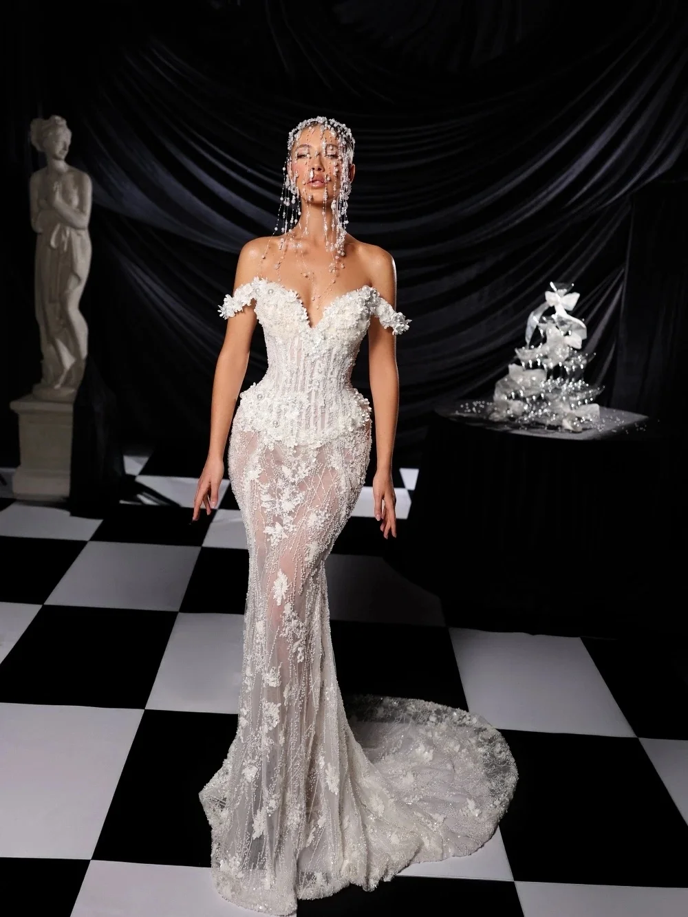 Exquisite Pearls Wedding Dresses Appliques Bridal Gowns Off Shoulder Beading See Through Mermaid Customized Vestidos De Novia