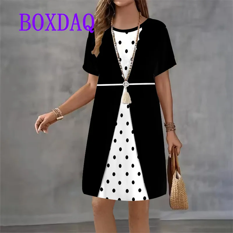 Vintage Black White Patchwork Print Women Dress Large Size Summer  Sundress Short Sleeve O-Neck Loose Casual Mini Dress
