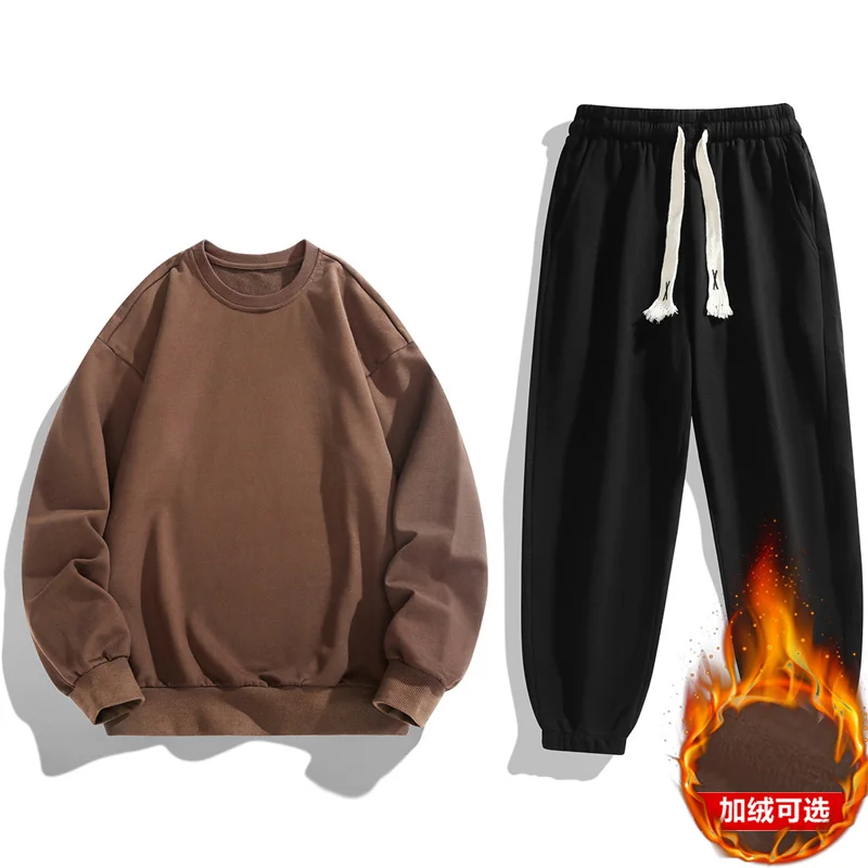 Spring and Autumn Men's Pullover Round Neck Sweater Long Sleeved Tie Feet Fashion 2023 New Casual Solid Color Loose Sports Set