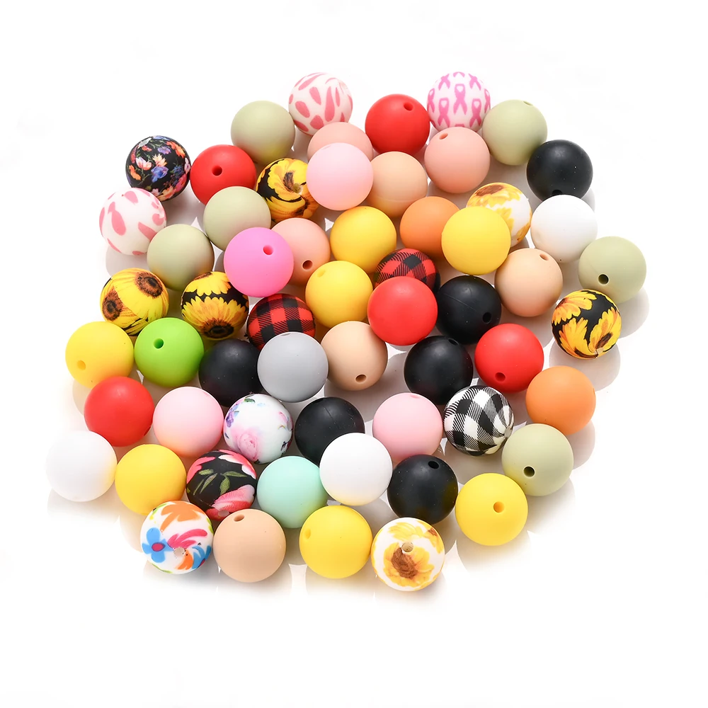 50Pcs 15mm Food Grade Silicone Printed Circular Combination Beads Teether Beads DIY Baby Pacifier Chain Clip Jewelry Accessory