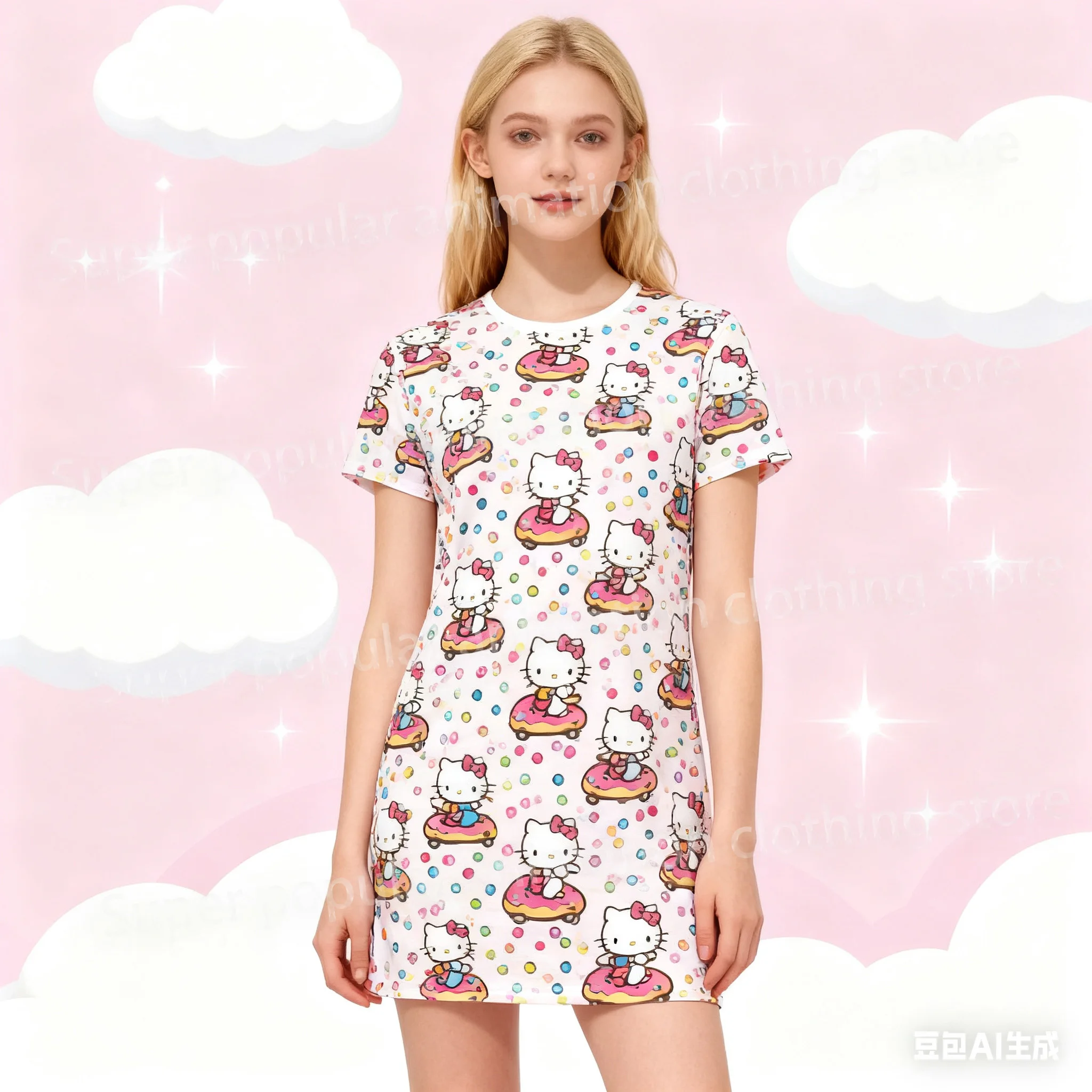 

Платье Hello Kitty с 3D принтом, милое платье-футболка с короткими рукавами и круглым вырезом, модная ночная рубашка, базовая повседневная одежда, праздничные подарки