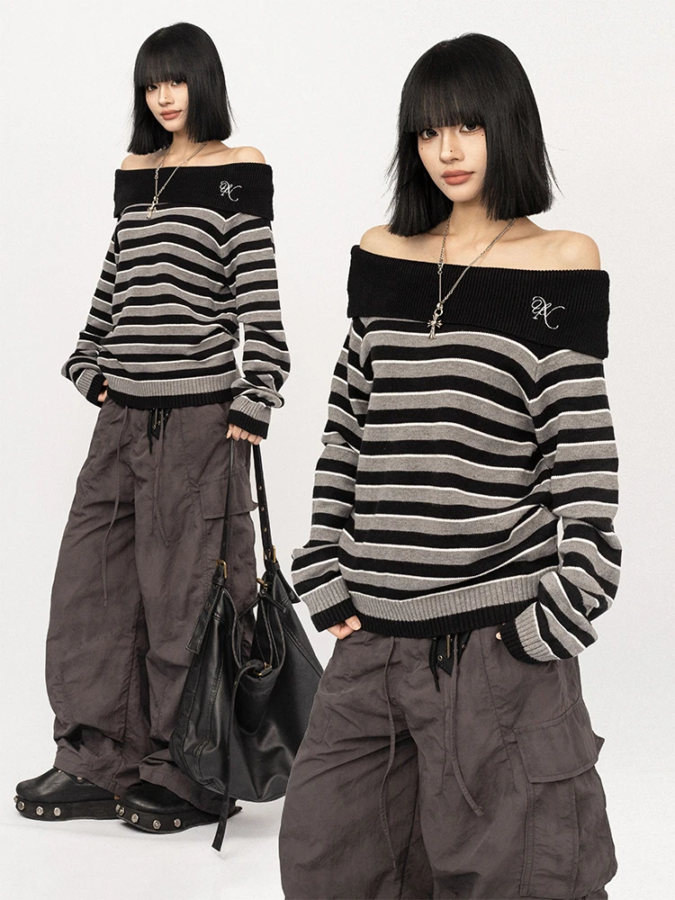 

OCTTFLAB Американский ретро-топ в стиле Spicy Girl с одним открытым плечом, вязаный, в полоску, свободный крой, осень-зима