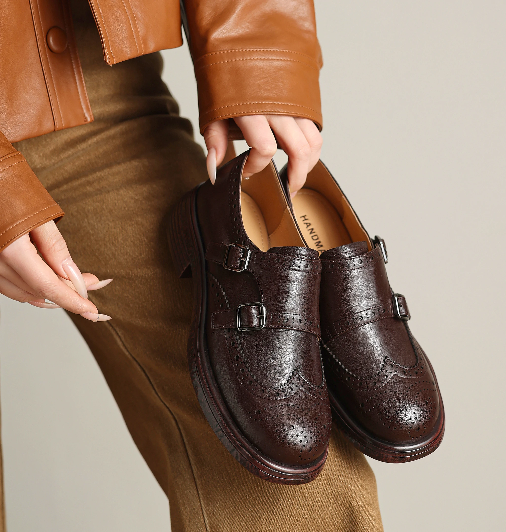 LIHUAMAO Cow leather brogue shoes block heel women oxford shoes chunky heel pumps party outdoor footwear walking casual shoes