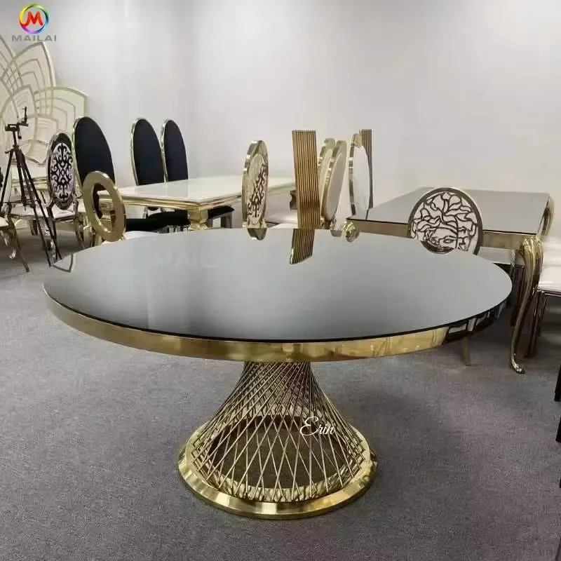 Gold Round Dining Table Stainless Steel Glass Top Metal Banquet Wedding Party Furniture