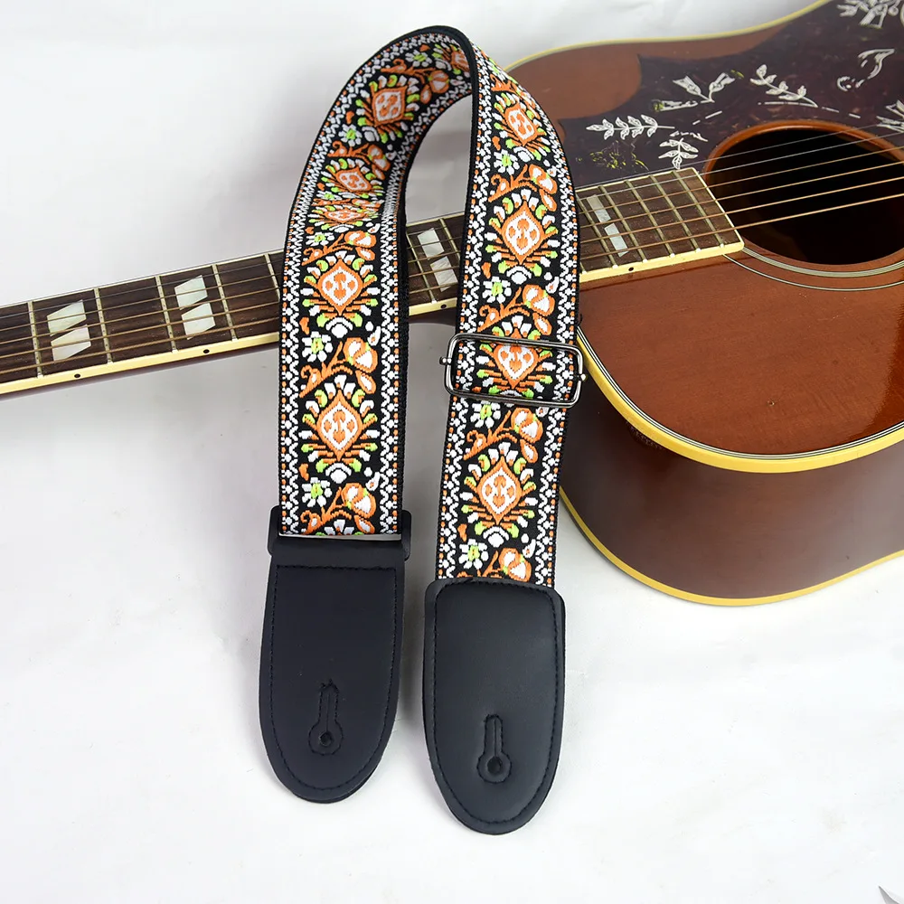 Adjustable Guitar Strap Embroidered Print Ethnic Style Guitar Strap for Folk Electric Guitar Bass Ukulele Guitar Accessories
