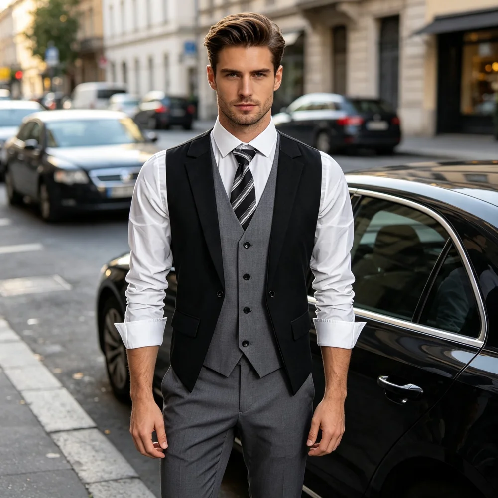 Men Fake Two Piece Waistcoat Lapel Design Business Formal Suit Vest Slim Fit  Layered Waistcoat for Wedding Groom
