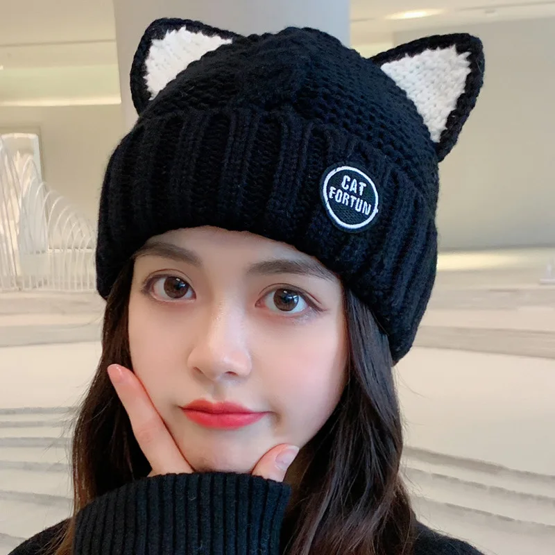 Cat Ears Knitted Bonnets for Women Cap Women\'s Autumn and Winter Korean-Style Fleece-Lined Warm Beanie All-Matching Cute Hat