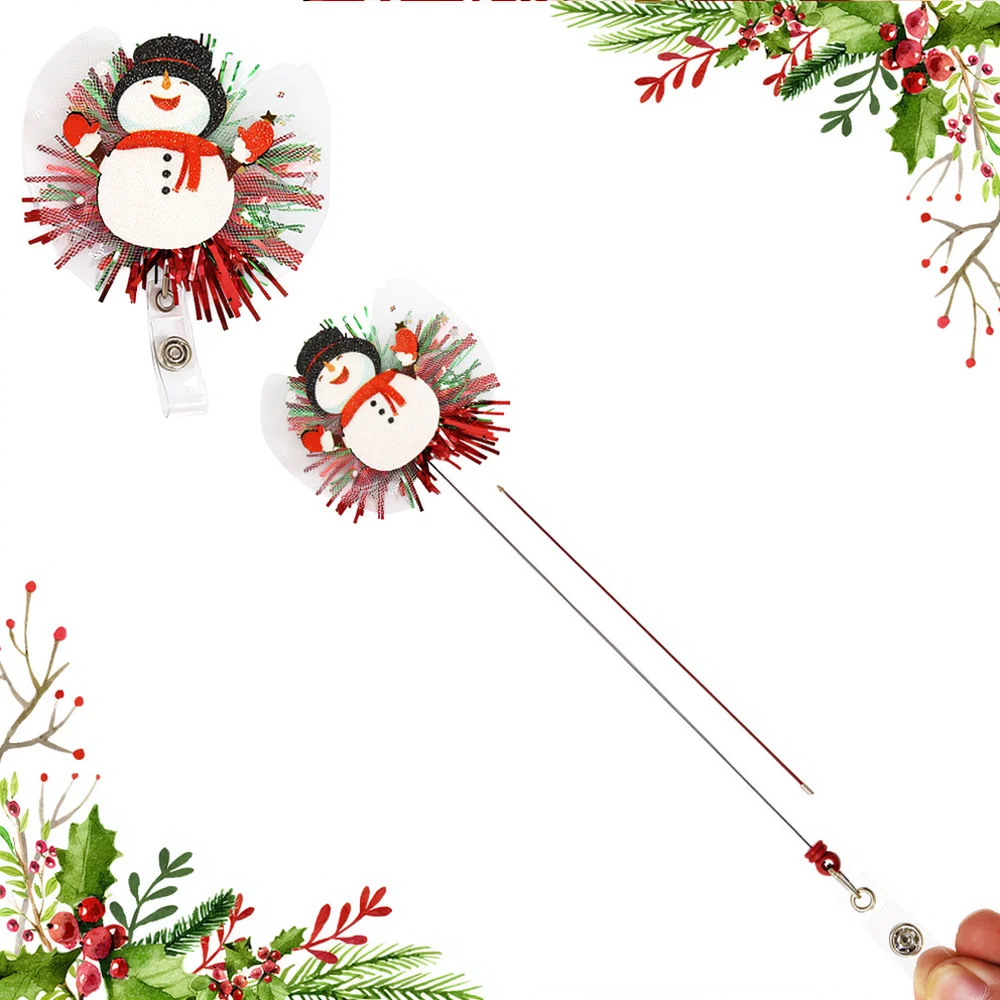 Christmas Retractable ID Badge Reel Cute Cartoon Snowman Reindeer Pattern Card Clip For Daily Office Use Decor