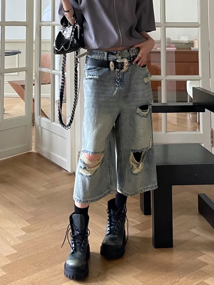 2024 Vintage Blue Ripped Short Jeans Women Oversized Distressed Jorts Y2k Grunge Baggy Boyfriend Denim Shorts Wide Streetwear