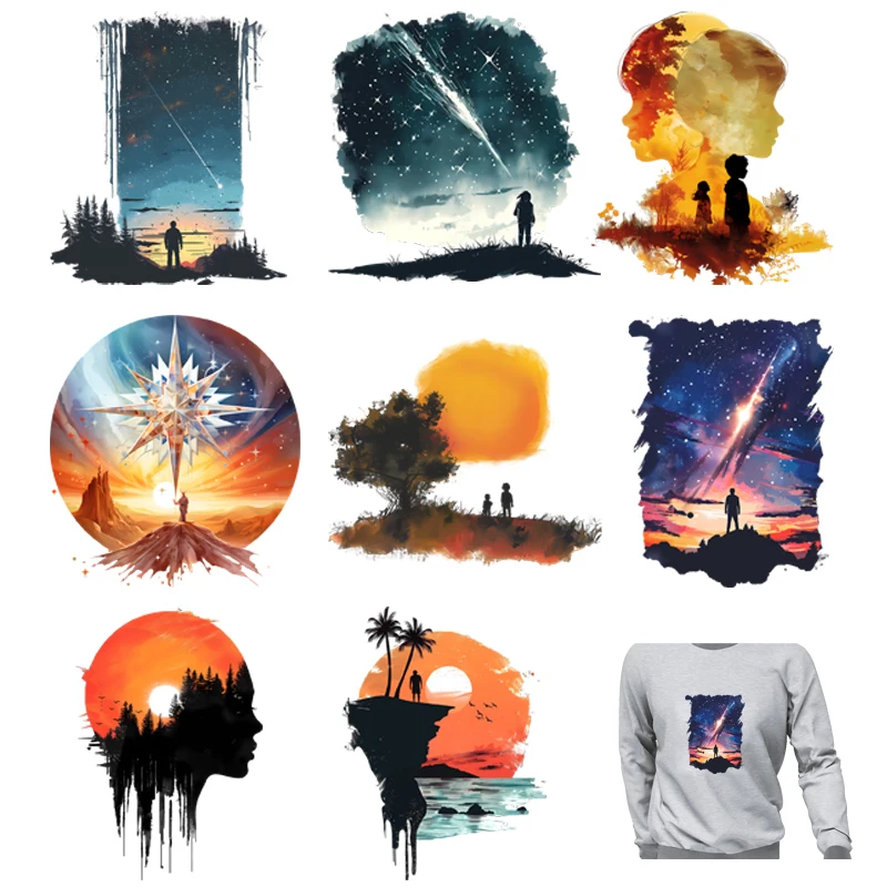 Fashion Sunset Night Sky Stars Silhouette Design Patch Iron on Transfers Heat Transfer Sticker Thermal Patch For Clothes Hoodies