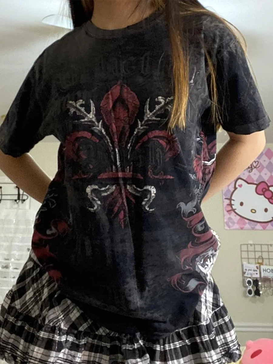 Vintage y2k Graphic Print Skull CropTop Tshirts Chic Aesthetic 2000s Summer Grunge Clothes Streetwear